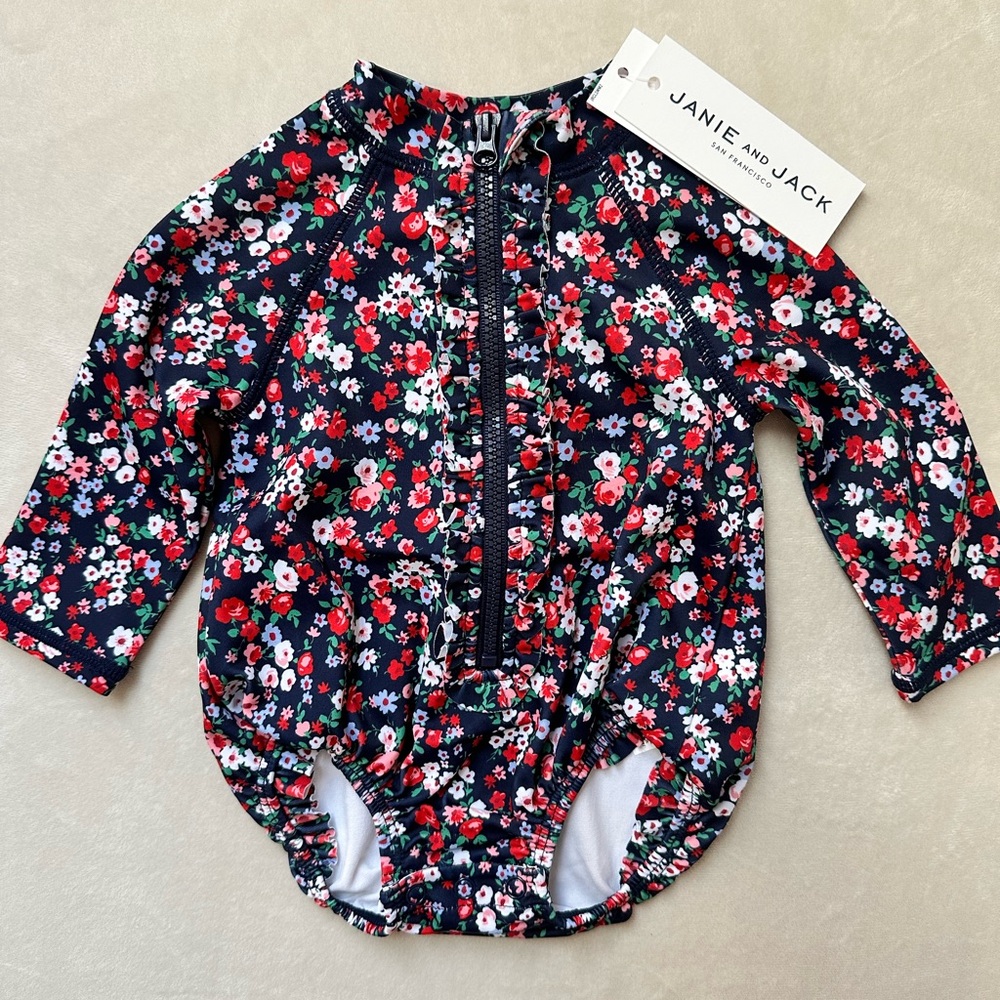 Janie and Jack Dark Blue Floral Baby Swimsuit